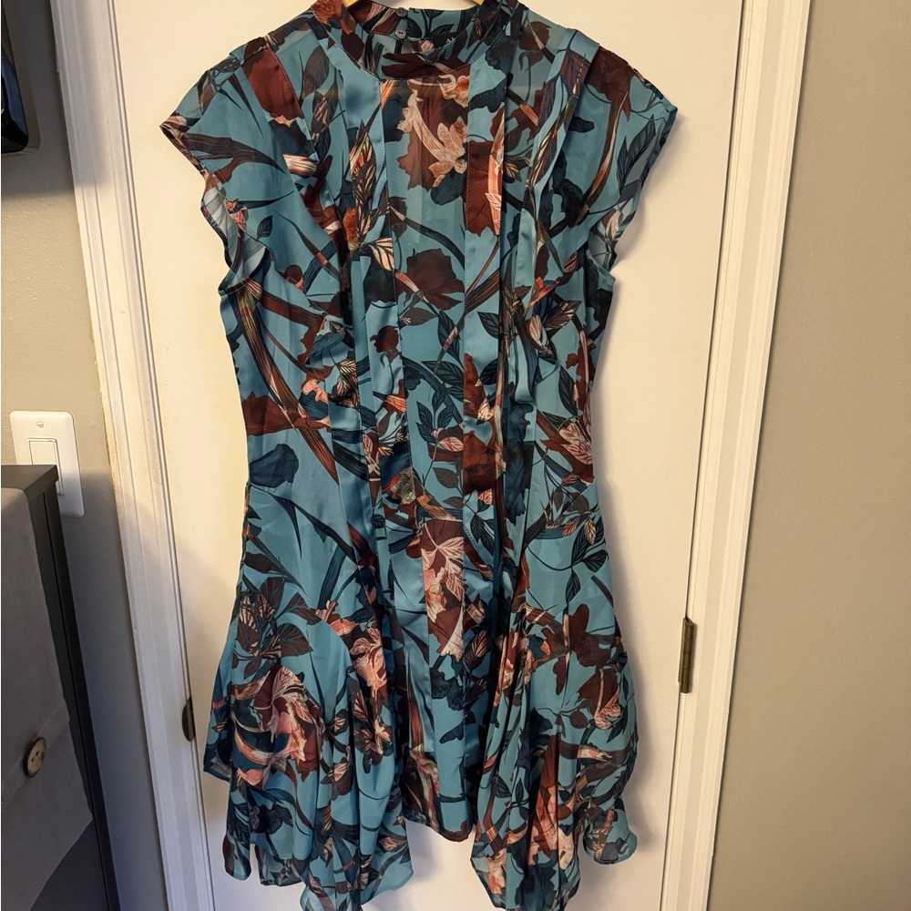 All Saints Blue and Orange Asymmetrical Tiered Midi Dress